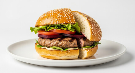Delicious burger with sesame seed bun, lettuce, tomato, onion, and a juicy patty on a white plate.