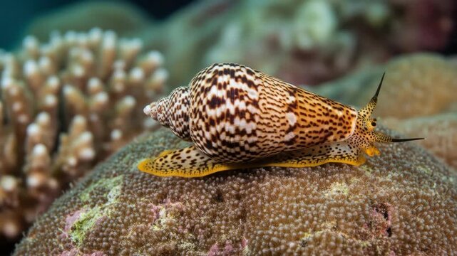 Close-up of cone snail with patterned shell resting on coral reef in the ocean, underwater scene, marine life, wildlife.
