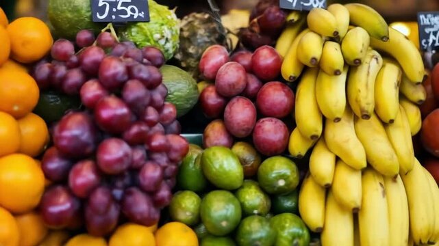 Colorful Flat Lay of Fresh Sliced Fruits and Vegetables Including Bananas Kiwi and Red Raspberries Arranged in Rows Healthy Food Background