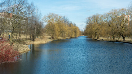 Serene river with leafless trees and walking paths in early spring or autumn urban park. Peaceful canal surrounded by bare trees and grassy banks in tranquil city park with soft ripples on water.