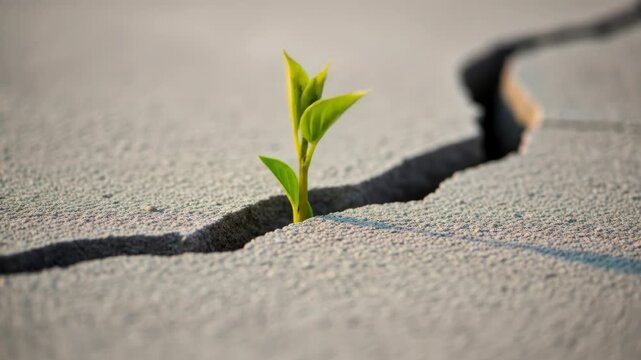 Resilience concept: Small plant growing through crack in concrete, demonstrating growth and overcoming adversity.