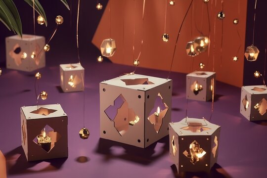 Small cube-shaped lanterns with cutouts, floating hanging lights in different sizes and shapes against orange purple background