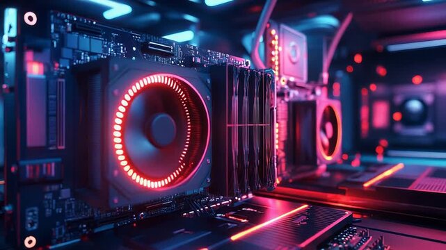 Powerful graphics cards with red and blue lighting illuminating computer components