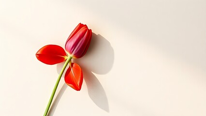 Single red tulip on a beige textured background, captured in a minimalist flat lay composition.