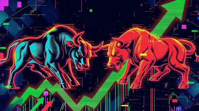 Bull and Bear forex Illustration with Colorful Graphs Representing Financial Growth and Market Trends
