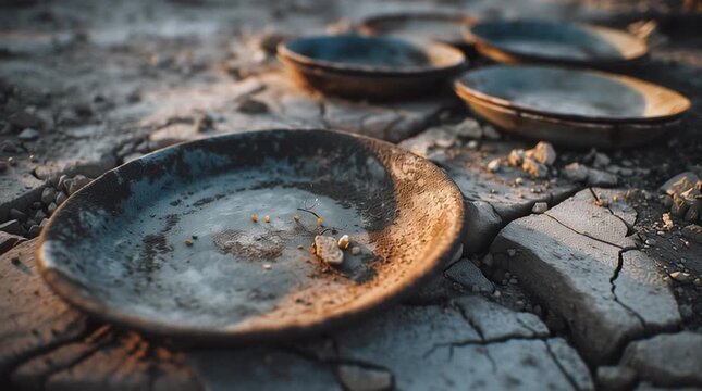 Puste talerze leżące na brudnej ziemi w Strefie Gazy &ndash; symbol głodu i dramatycznej sytuacji humanitarnej