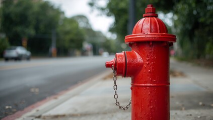 Bright red fire hydrant stands prominently on a sidewalk next to a street blurred background