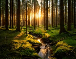 Serene Morning Light Shining Through Pine Trees