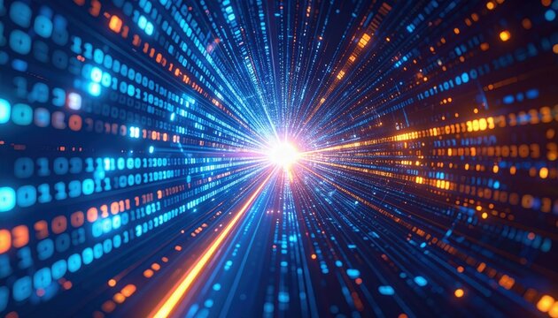 A vibrant visual of binary code radiating outwards, creating a dynamic sense of movement and energy, symbolizing data flow and digital technology.