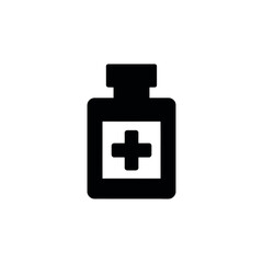 Obraz premium Black and white icon of medicine bottle with a medical cross symbol