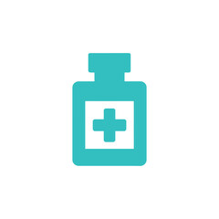 Obraz premium Turquoise medical bottle icon with plus sign on white background medicine concept