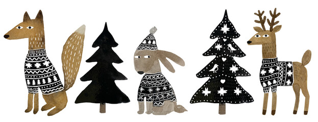 Freehand Watercolor set of Christmas forest animals – fox, hare, deer, reindeer – in Scandinavian sweaters with festive Christmas trees. Holiday watercolour clipart for winter design and crafts
