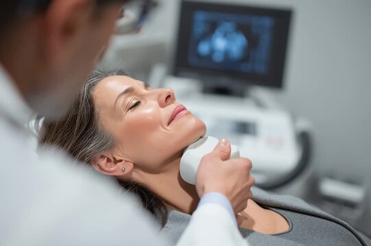 Kobieta podczas badania USG &ndash; opieka medyczna i diagnostyka ultrasonograficzna w gabinecie lekarskim