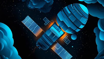 Modern satellite orbiting earth in space with solar panels deploying - Powered by Adobe