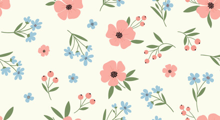 Delicate floral pattern featuring clusters of pink and blue blooms with greenery and red berries on a creamy background