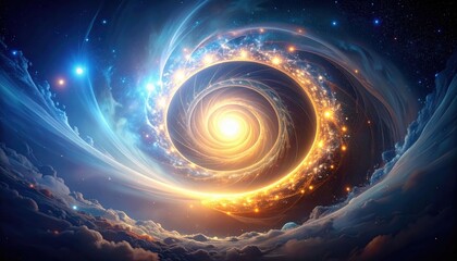 A swirling cosmic vortex illuminated by a bright core, surrounded by stars and clouds, creating a mesmerizing and mystical space scene.