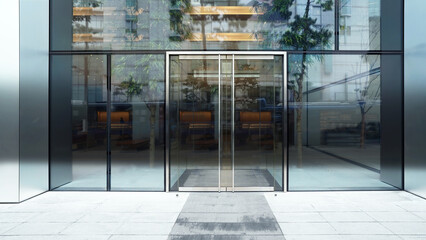 Modern High-Rise Building Entrance and Lobby Interior with Glass Doors