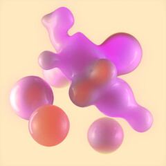 Abstract illustration of floating drops. Their soft, rounded shapes and harmonious combination of delicate pink tones create an atmosphere of weightlessness. 3d rendering