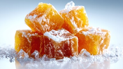 A vibrant display of stacked orange candy cubes symbolizes joy and sweetness, depicted in an artistic and appealing way that evokes a sense of nostalgia and happiness.