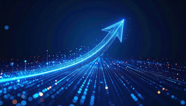 A glowing blue arrow pointing upward through a vibrant background of lights, symbolizing growth, progress, and innovation.