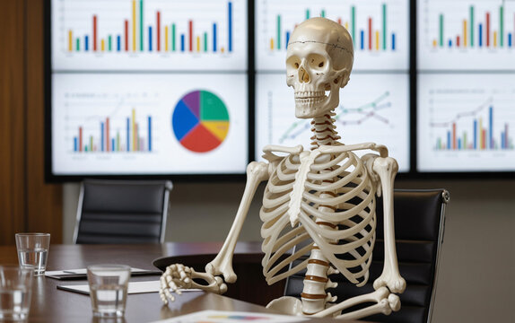 A skeleton sits at a conference table in front of screens displaying business charts, symbolizing waiting for results or a delayed project timeline