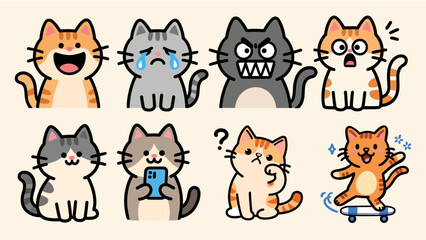 Cute cartoon cats with diverse emotions, perfect for social media.