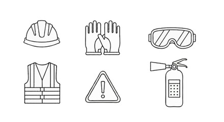 Minimalist outline icon set of industrial safety equipment | including hard hat, gloves, goggles, safety vest, warning sign, and fire extinguisher, thin modern lines, isolated on white background
