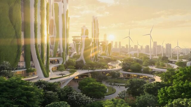 sustainable future city green buildings wind turbines sunset