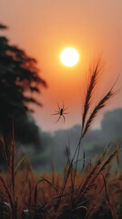 Obraz premium Spider Silhouetted Against Sunset in a Wheat Field Landscape