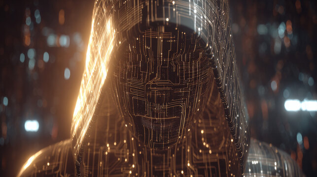Glowing circuit mesh and data streams surrounding fragmented digital figure representing cybercrime and hacking in a high-tech digital environment
