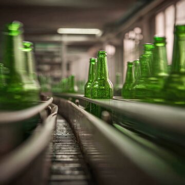 Empty green bottles on a factory conveyor belt