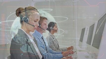 Animation of data processing over diverse business people using phone headsets - Powered by Adobe