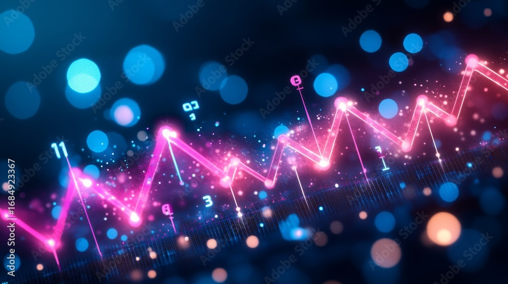 Wall mural dynamic financial chart with pink lines and data points on a soft blue bokeh background.