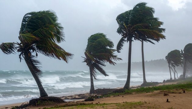 A dramatic scene of a violent rainstorm at the beach. Powerful winds whip across the shoreline, bending and swaying tall coconut trees, their fronds thrashing in the air.