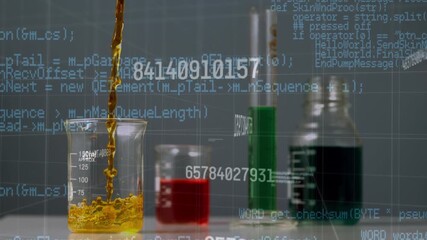 Animation of data processing over beakers with liquid - Powered by Adobe