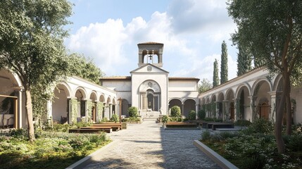 Obraz premium Serene Courtyard of a Classical Italian Church: Architectural Render
