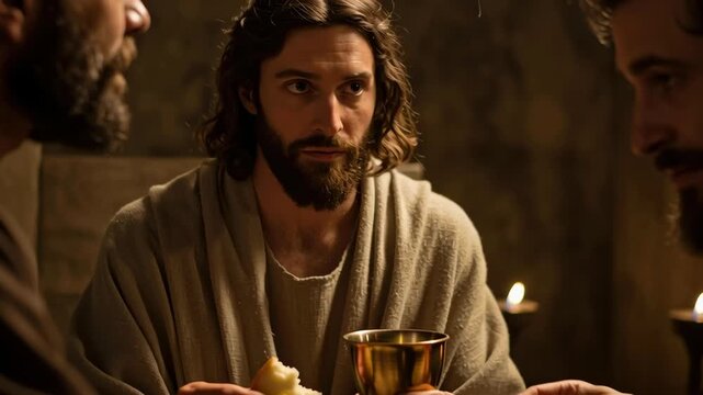 Jesus and man dipping bread in wine during last supper. Biblical scene concept from the New Testament. Eucharist communion footage.