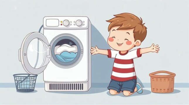A young boy washing clothes with a washing machine, showing household chores and daily lifestyle activities. Perfect for family themes, parenting concepts, hygiene projects, and domestic routine illus