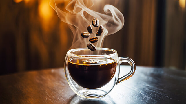 Hot steaming coffee in a clear glass mug with roasted beans falling in