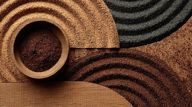 Wooden bowl of coffee grounds on a textured surface of sand-like materials
