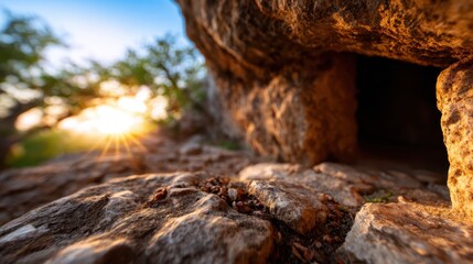 Obraz premium A captivating view of sunlight streaming through an opening in a rocky cave, highlighting the textures and details of the stones while nature thrives outside.