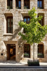 Stone building facade with arched windows, a small tree, and entryway