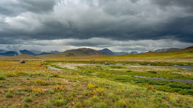 View of vast grasslands meeting the horizon under a sky heavy with dramatic storm clouds, Deosai National Park, Gilgit Baltistan, Pakistan.