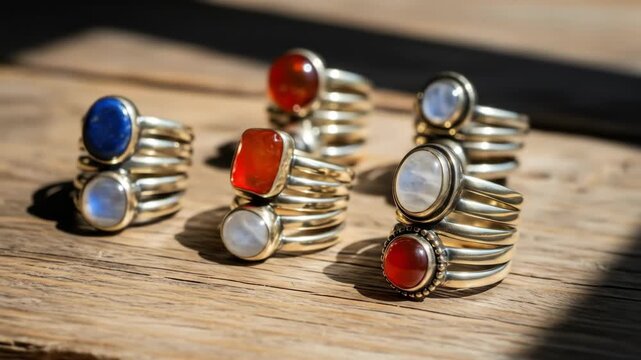 Collection of gemstone rings featuring moonstone, carnelian and lapis lazuli on wooden surface, jewelry design, gemstone jewelry, and fashion accessories.