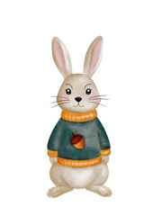 Bunny in Sweater – autumn watercolor clipart
Cute white bunny in a warm sweater surrounded by leaves, hand-painted in watercolor technique, perfect for seasonal projects.