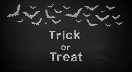Spooky bats flutter across a blackboard with the words 'Trick or Treat' written in chalk, perfect for Halloween invitations and decorations