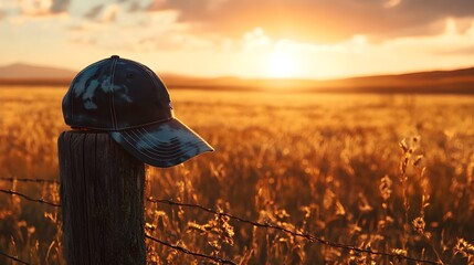 Baseball cap on a wooden post at sunset