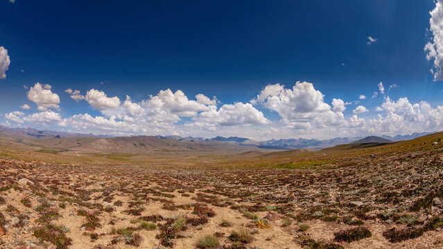 View of a sprawling, arid landscape under a vast, cloud-dotted blue sky, where rugged terrain meets the horizon in Deosai National Park, Gilgit Baltistan, Pakistan.