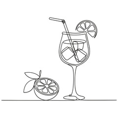 Minimalist single line drawing of a refreshing cocktail with ice and citrus fruit garnish