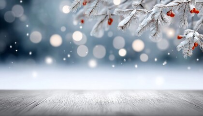 Beautiful snowy winter background scene featuring frosted branches and bokeh effect for design use